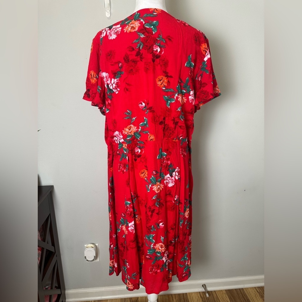 Torrid Red Floral Gauze Skater Flutter Lace Up Neck Pocket Dress Size 1 1X - Picture 5 of 13
